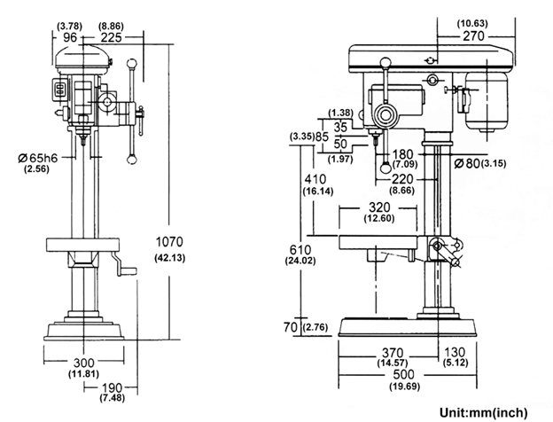 Bản vẽ kích thước máy khoan kiểu manual HDT-340