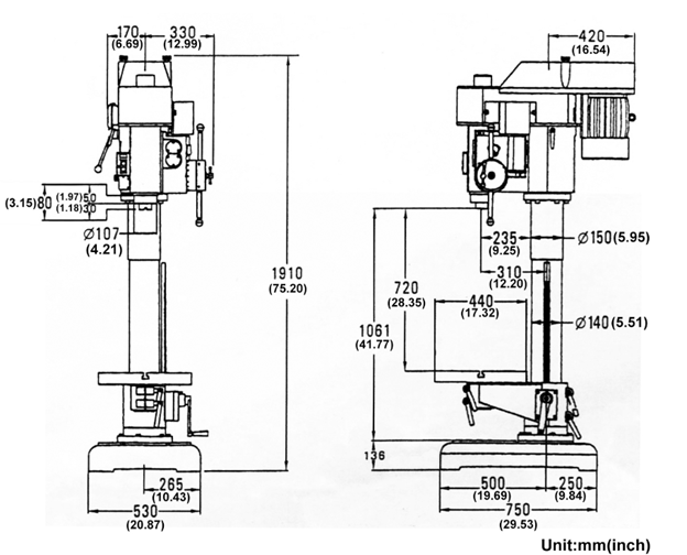 Bản vẽ kích thước máy khoan tự động kiểu ly hợp HD-350