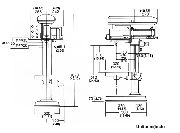 Bản vẽ kích thước máy khoan tự động kiểu khí nén HD-PAM520 và HD-PAM520L