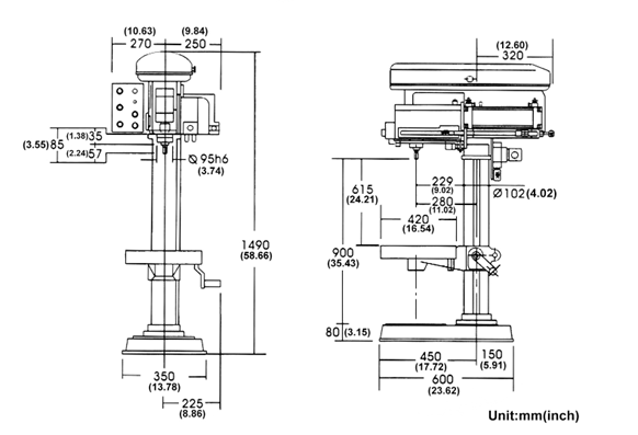 Bản vẽ kích thước máy khoan tự động kiểu khí nén HD-PAM520