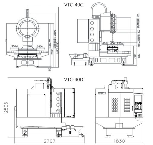 Sơ đồ kích thước máy phay đứng CNC chính xác cao VTC 40C và VTC 40D