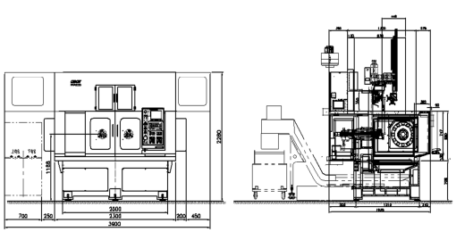 Kích thước tổng thể của máy tiện CNC chính xác cao hai trục chính và hai đài dao HD120D